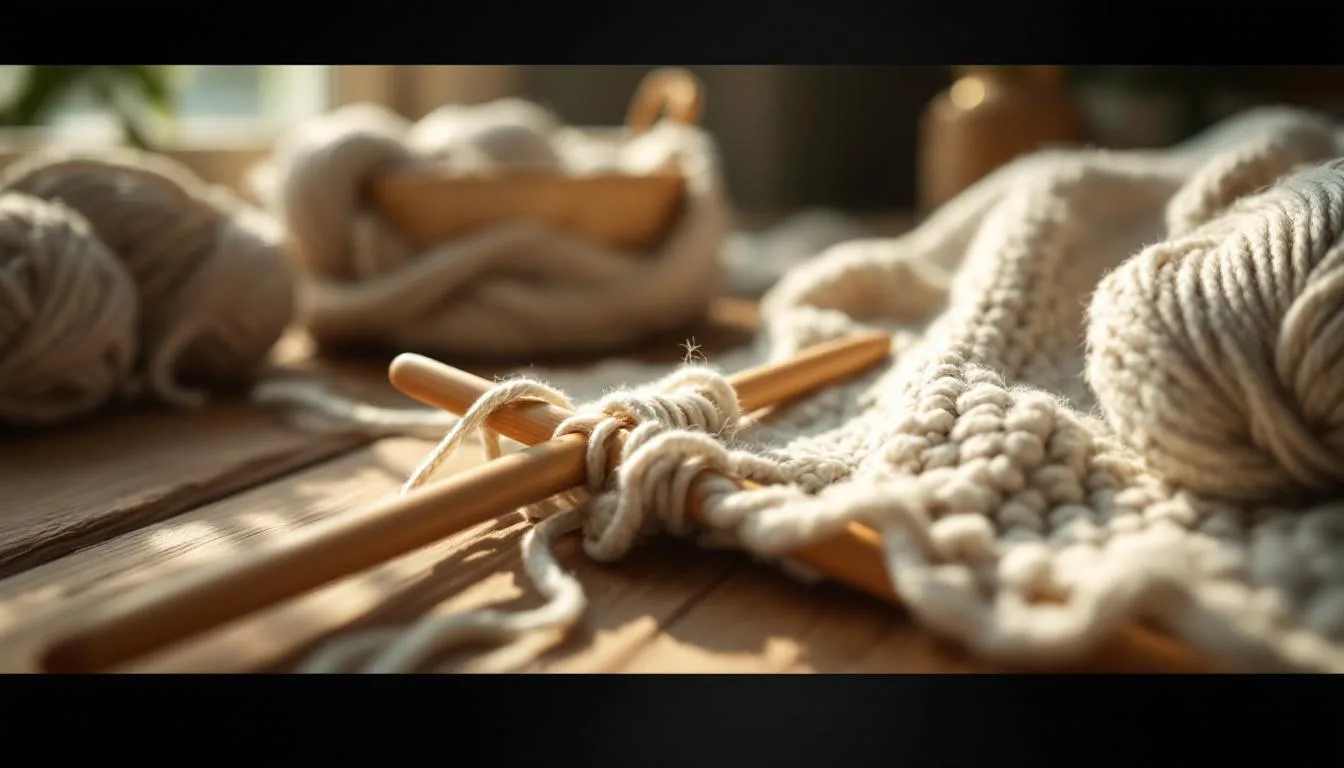 日光が差し込む編み物道具と毛糸