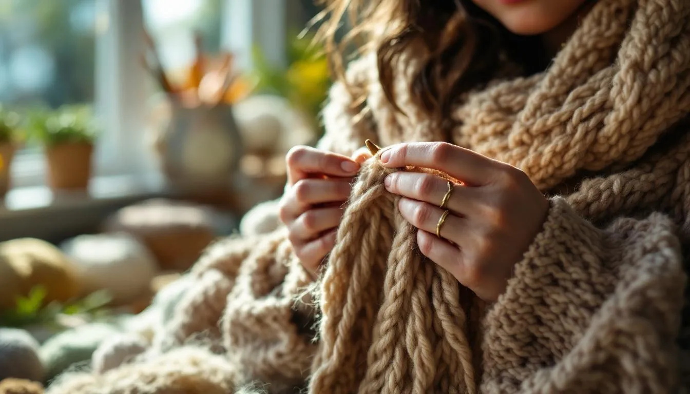 陽の当たる部屋で編み物をする手元