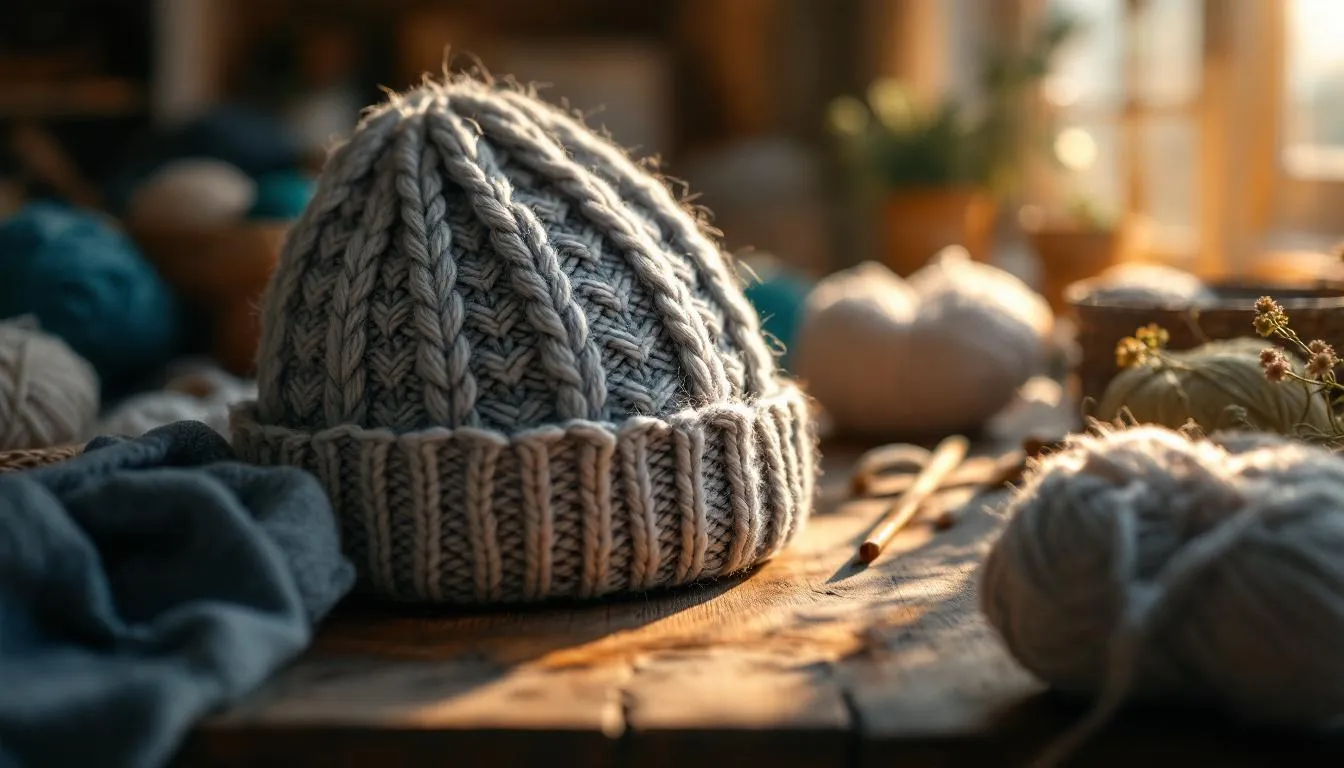 木製テーブルの上の手編みニット帽