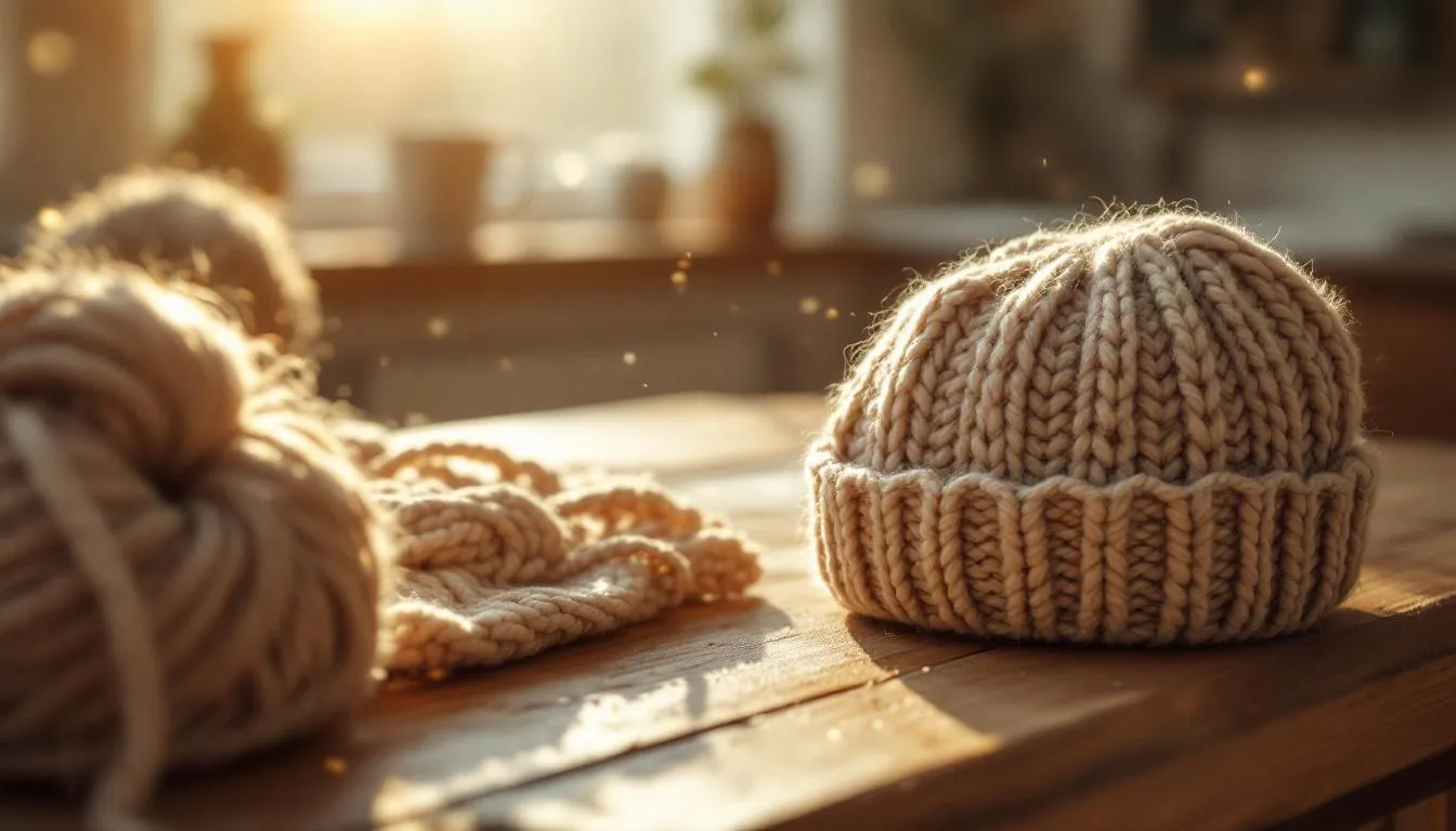 日差しが差し込む編み物中の木製テーブル