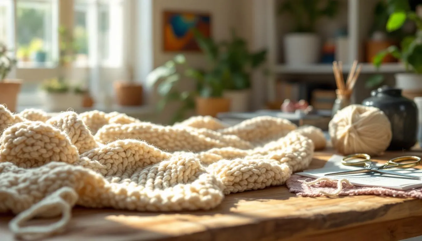 木製テーブルの編み物道具と毛糸