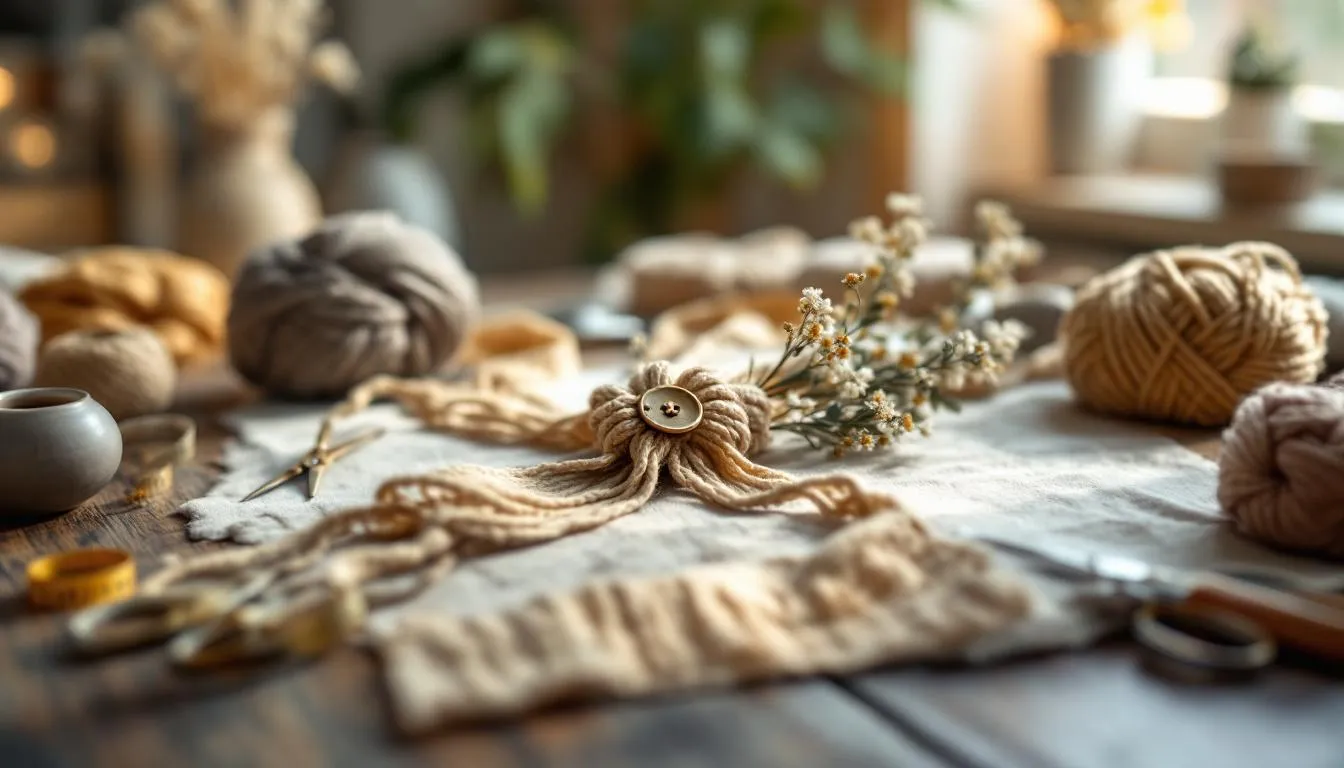 木製テーブルの上の手作り手芸用品