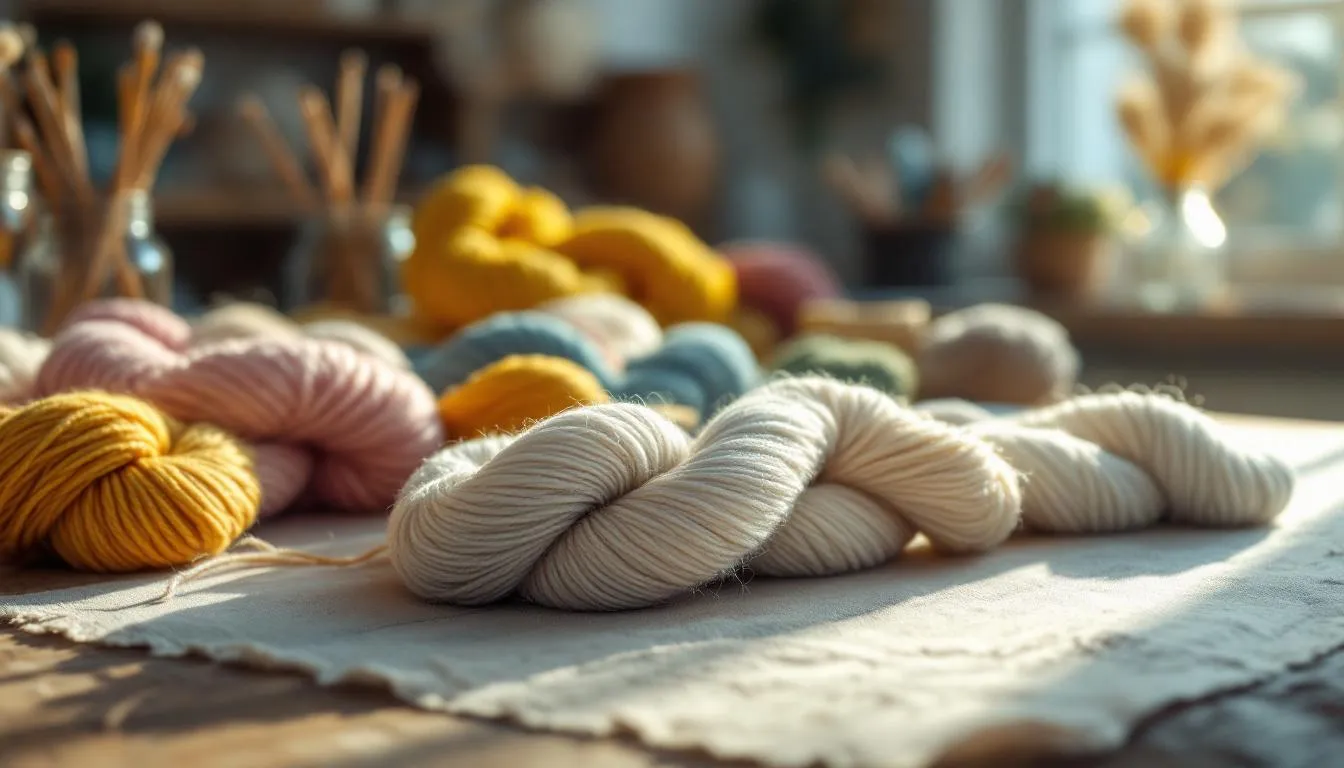 木製テーブルに置かれた色鮮やかな毛糸玉