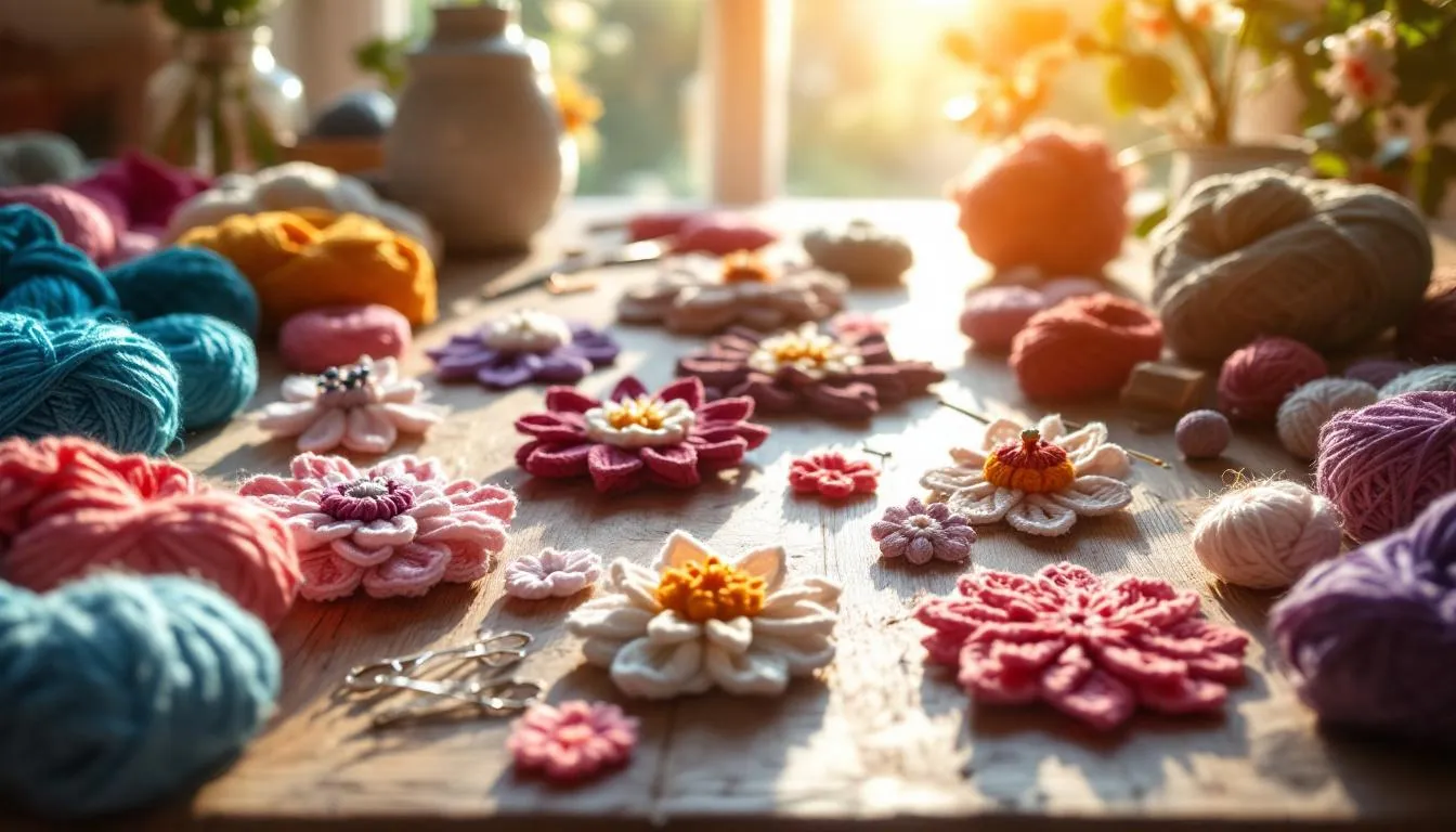 木製の机に並ぶ色鮮やかな手作りかぎ針編み雑貨