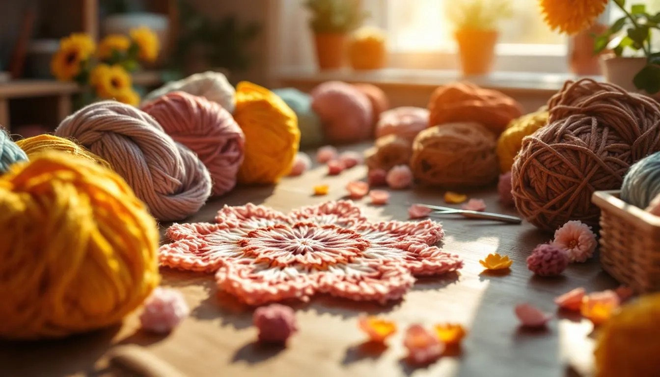 毛糸と編みかけのモチーフが並ぶ作業机