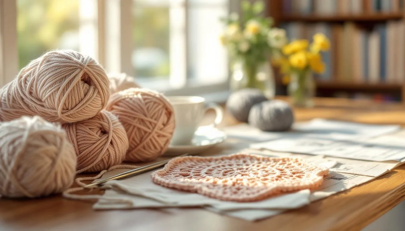 日差しが差し込む編み物中の作業机