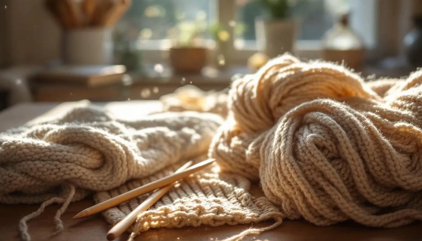 自然光が差し込む編み物道具と毛糸