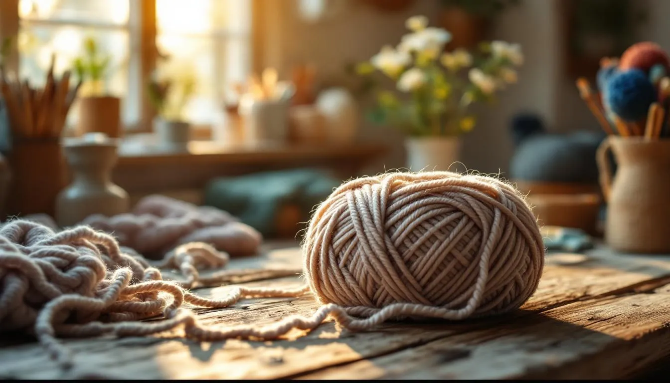 木製テーブルの上の毛糸と編み物道具