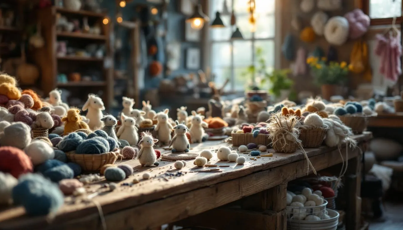 羊毛フェルト作品が並ぶ温かい工房