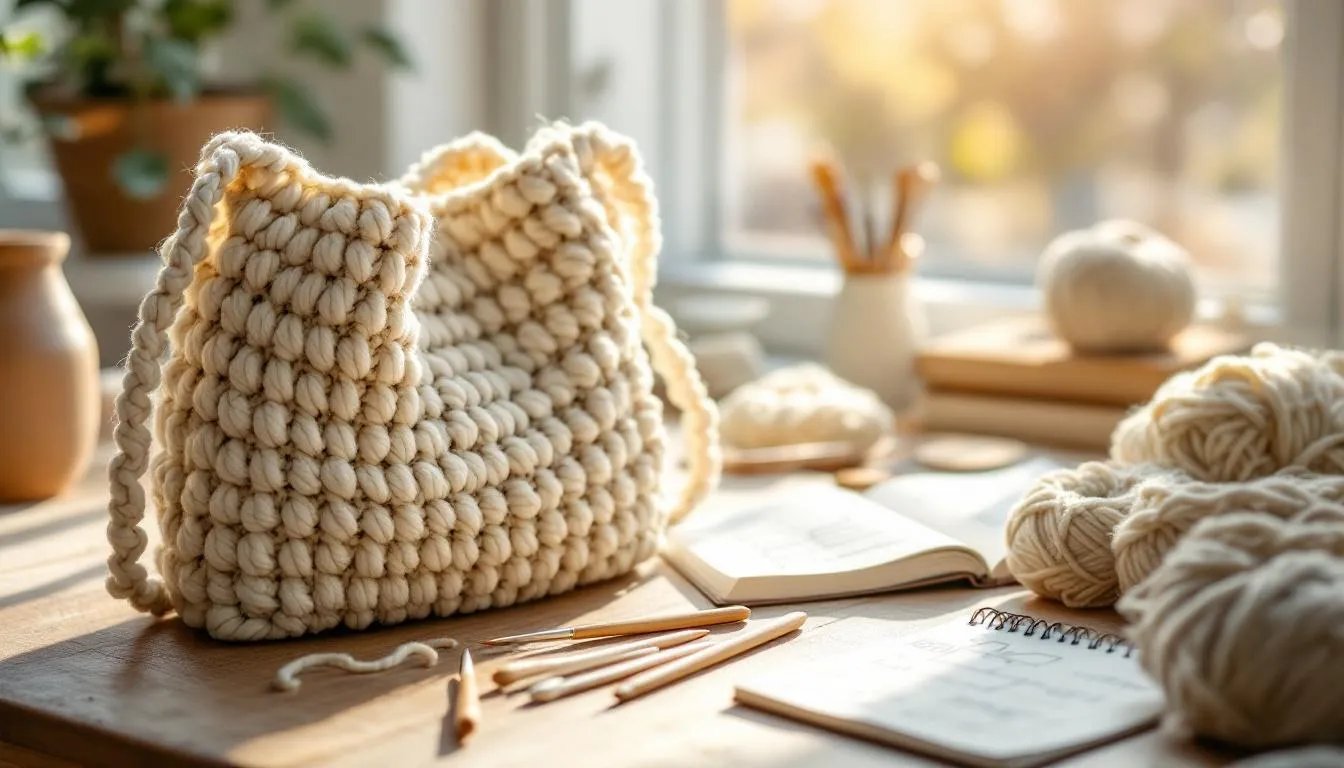 編みかけのバッグがある明るい手芸部屋