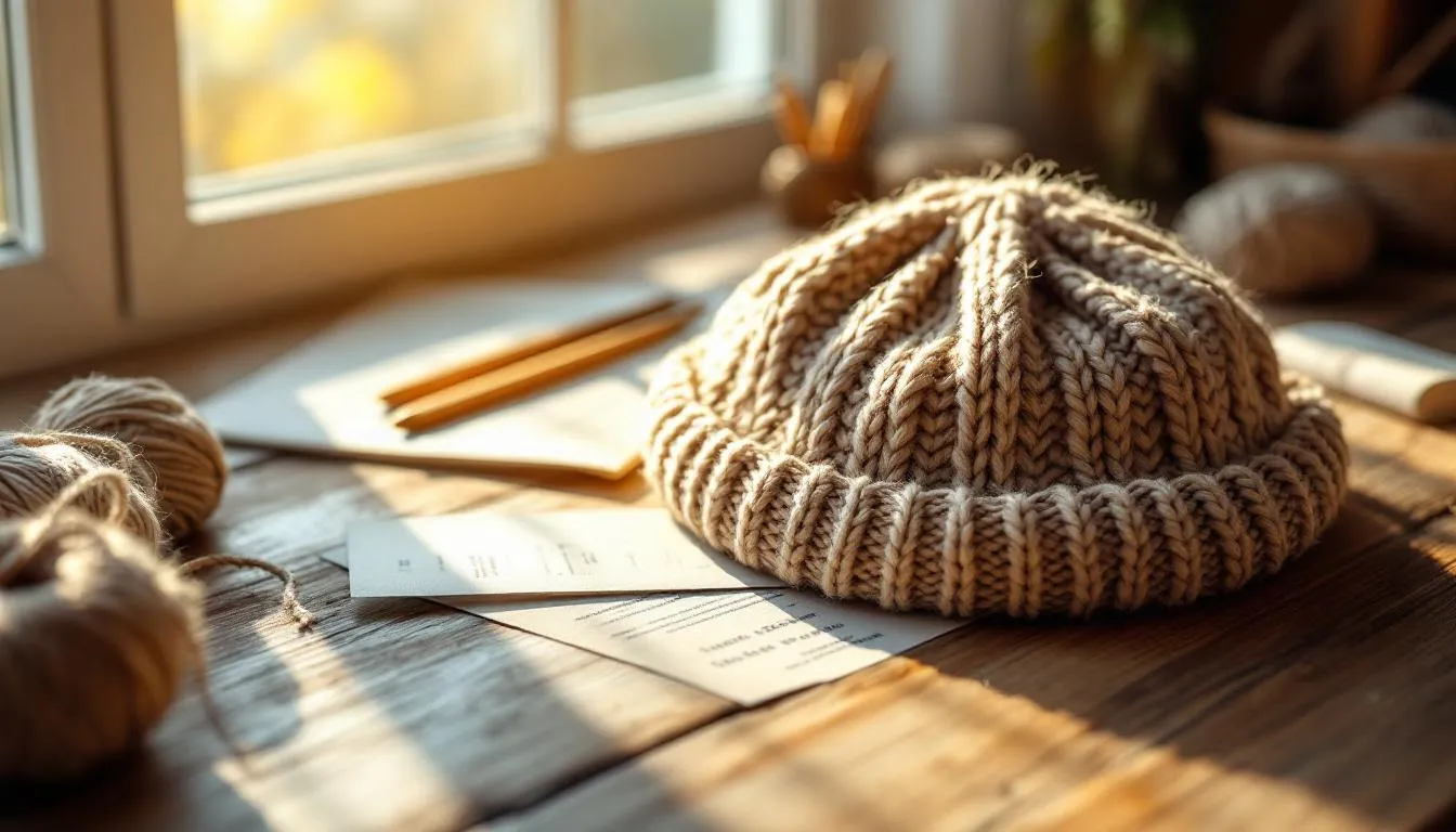 木製テーブルの上の編み物道具と毛糸