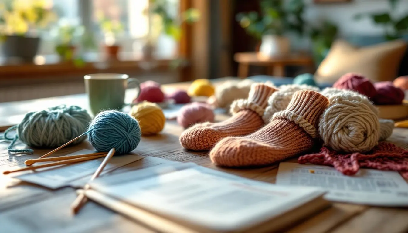 編み物作業スペースと手編み靴下