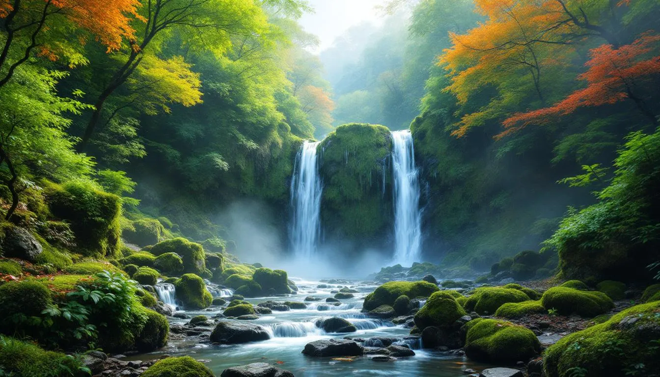 新緑の白糸の滝と美しい渓流