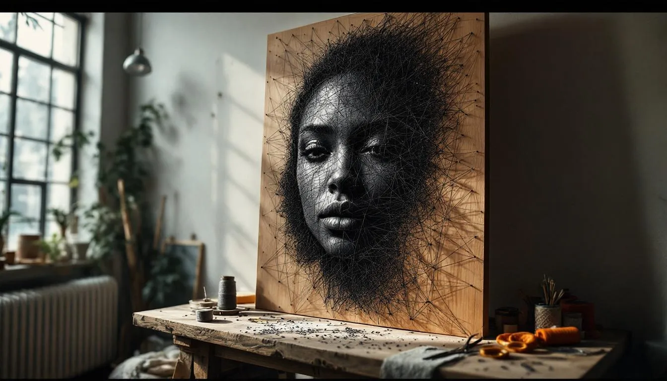 糸で描かれた写実的な人物画の制作風景