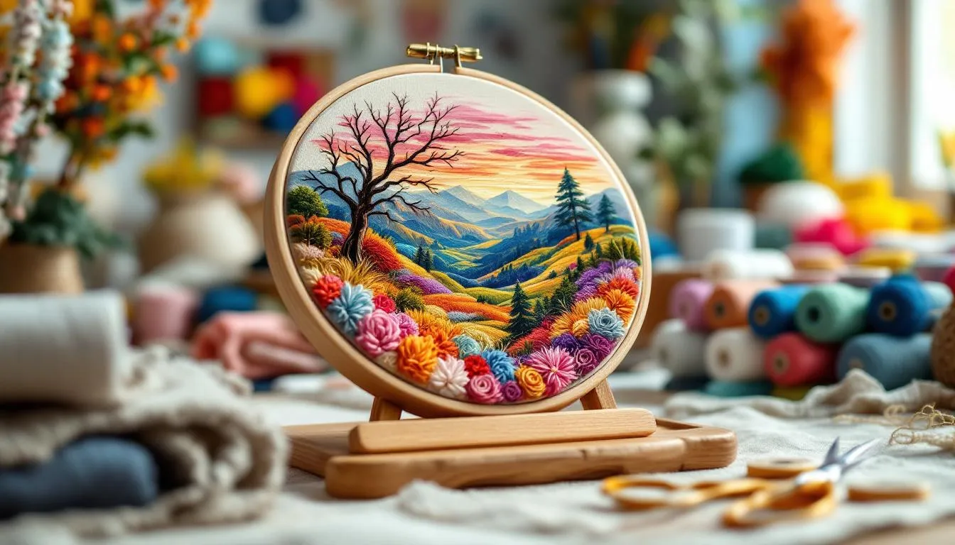 刺繍枠と道具が並ぶ明るい作業机
