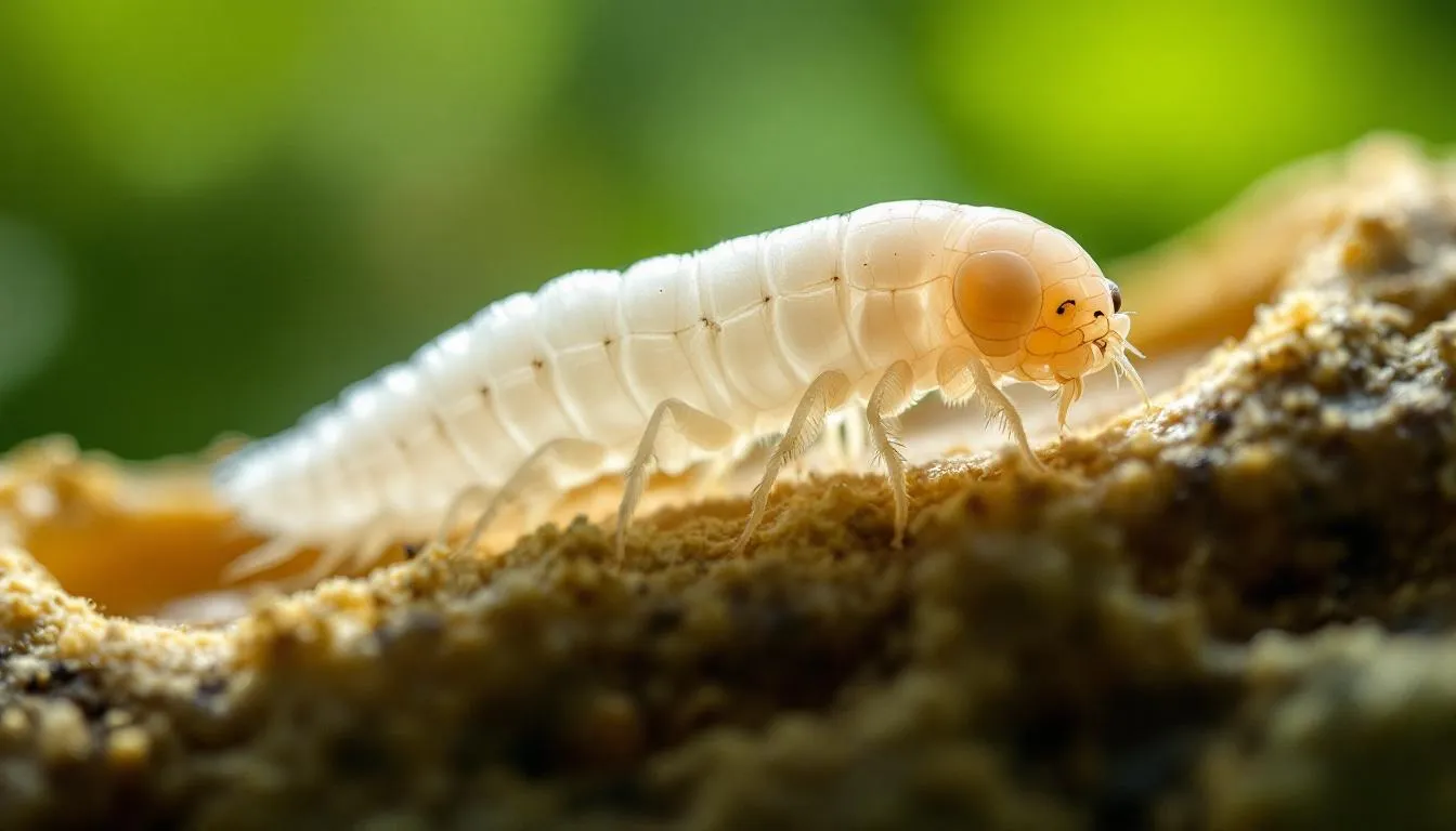 腐った果実の上にいるウリミバエの幼虫