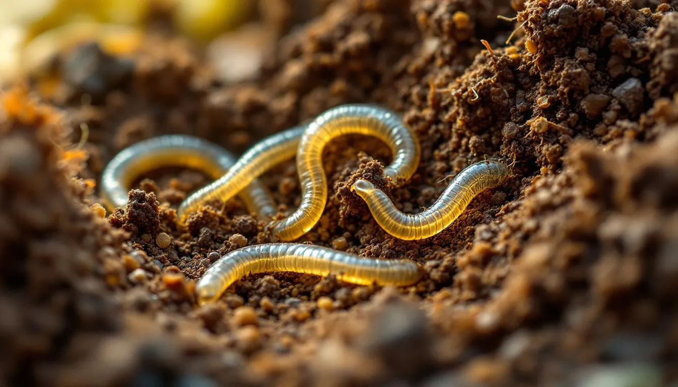 土壌中の微細な線虫の接写画像
