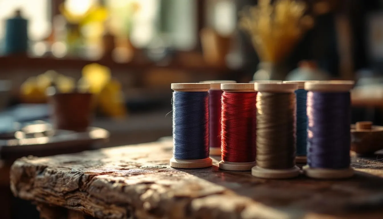 木製台に並ぶ高級な絹の縫い糸