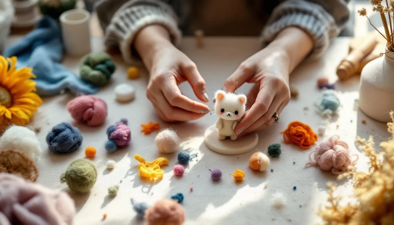 羊毛フェルトで人形を作る手元の様子