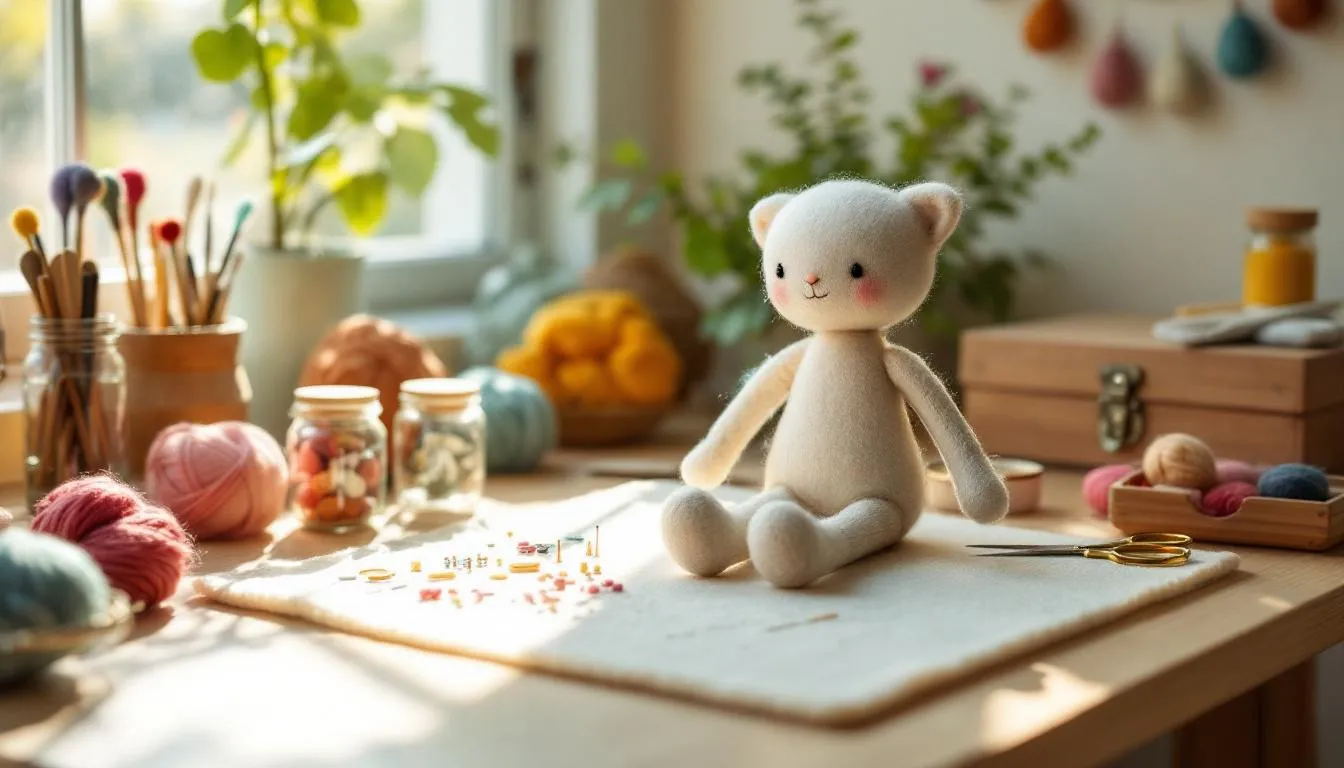 木製机の上の羊毛フェルト作品と道具