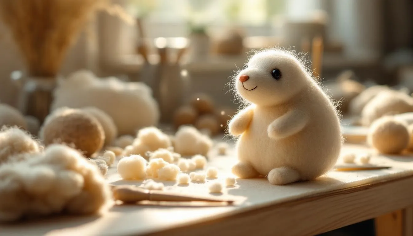 木製デスク上の羊毛フェルト制作風景