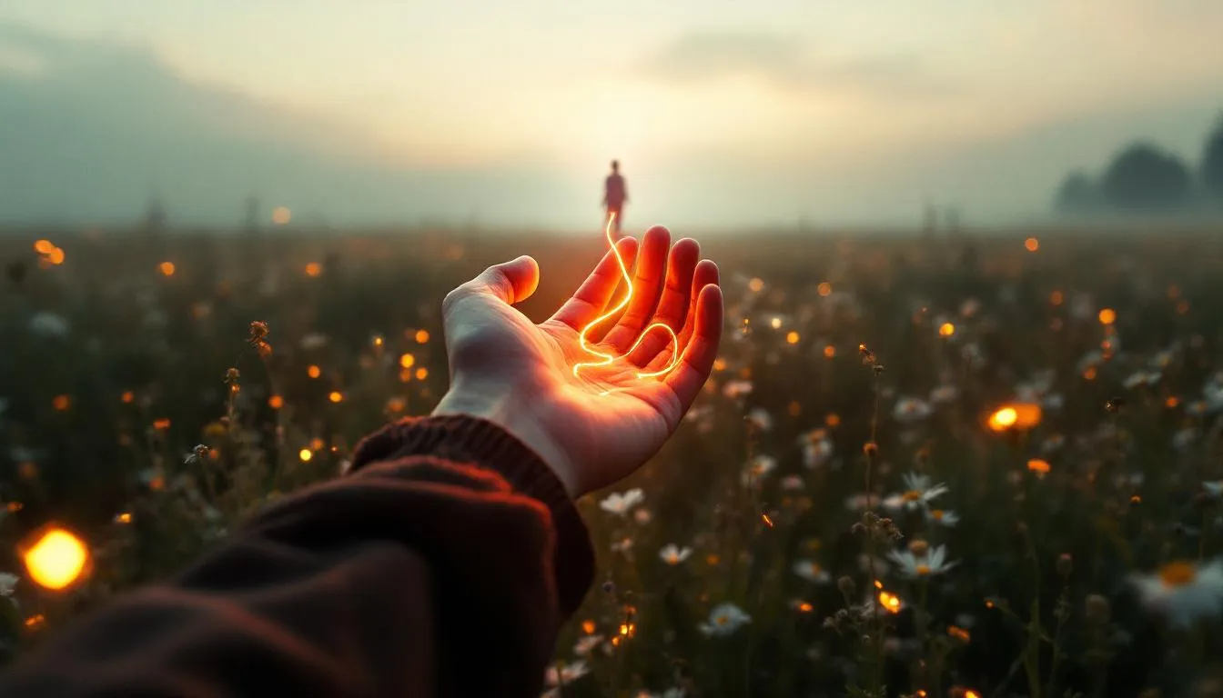 夕暮れの草原で赤い糸を持つ人