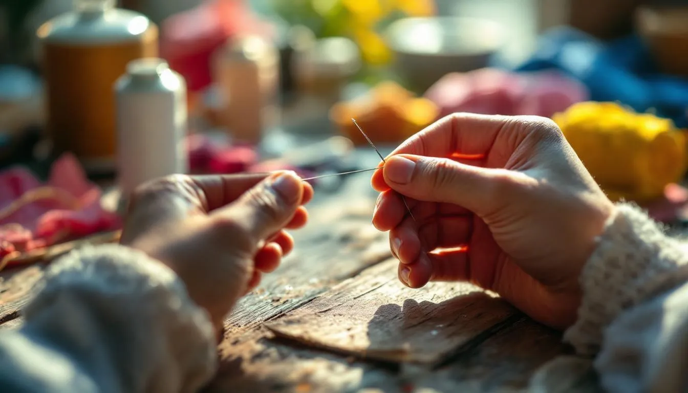 針に糸を通す手元のアップ