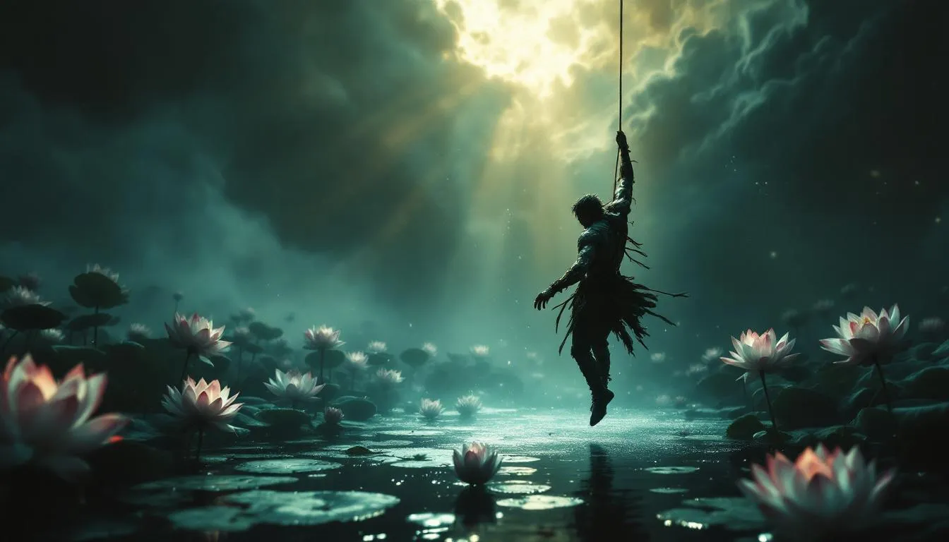 蓮池に降りる盗賊の幻想的な光景