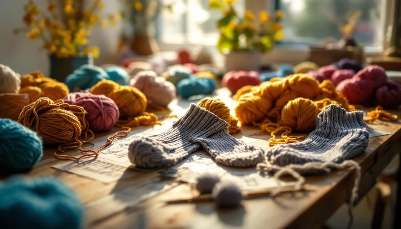 陽光が差し込む毛糸のある手芸作業台